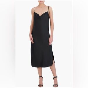 BCBG MAXAZRIA Women Cowl Neck Midi Slip Dress, Satin Black, Size 2, NEW